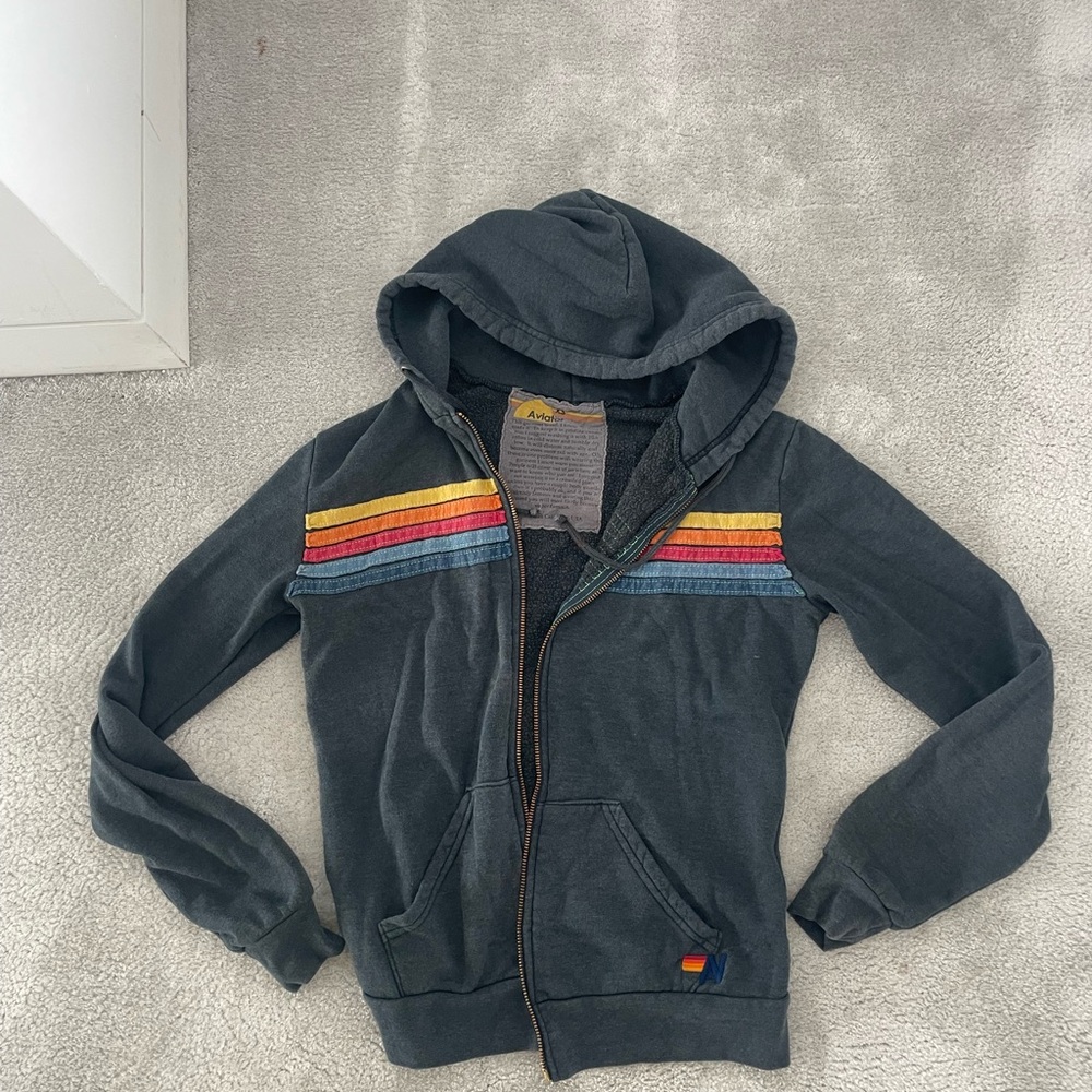 Aviator Nation Charcoal Hoodie with Rainbow Stripes